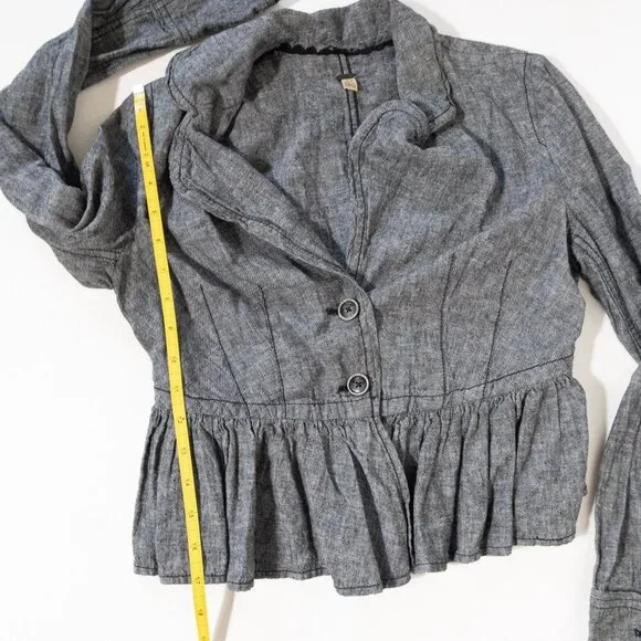 Free People XS Gray Ruffled Peplum Jacket Linen Blend - Picture 7 of 9
